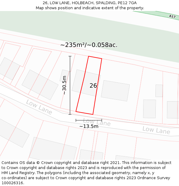 26, LOW LANE, HOLBEACH, SPALDING, PE12 7GA: Plot and title map