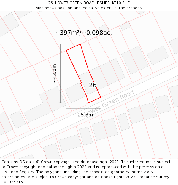 26, LOWER GREEN ROAD, ESHER, KT10 8HD: Plot and title map