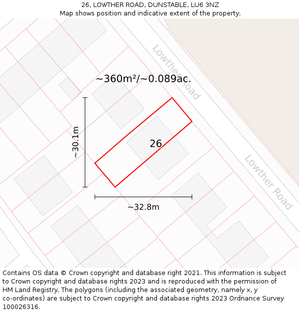 26, LOWTHER ROAD, DUNSTABLE, LU6 3NZ: Plot and title map