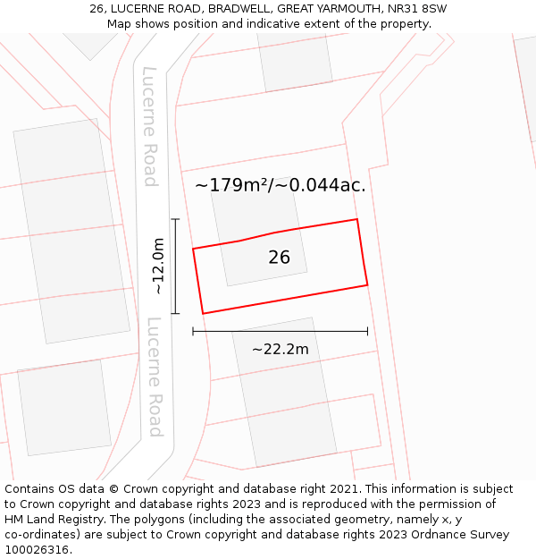 26, LUCERNE ROAD, BRADWELL, GREAT YARMOUTH, NR31 8SW: Plot and title map