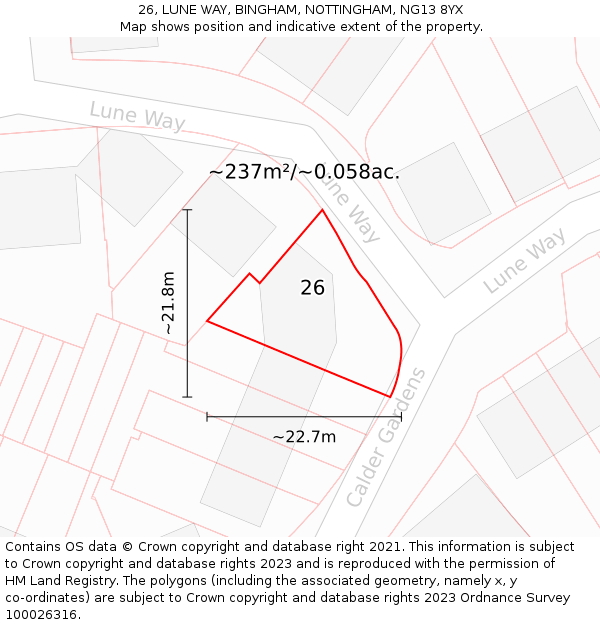 26, LUNE WAY, BINGHAM, NOTTINGHAM, NG13 8YX: Plot and title map