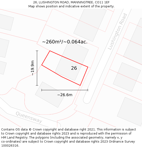 26, LUSHINGTON ROAD, MANNINGTREE, CO11 1EF: Plot and title map