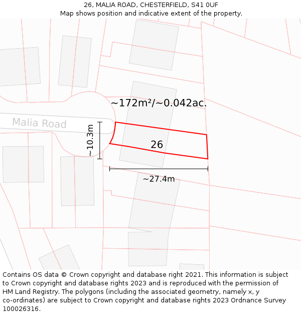 26, MALIA ROAD, CHESTERFIELD, S41 0UF: Plot and title map