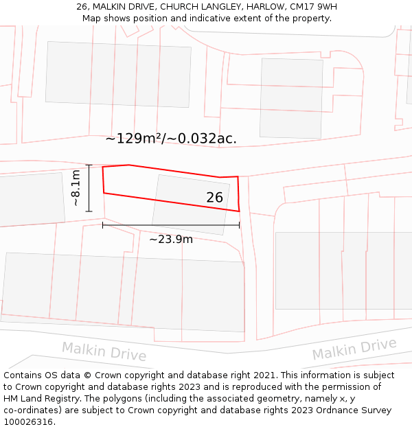 26, MALKIN DRIVE, CHURCH LANGLEY, HARLOW, CM17 9WH: Plot and title map