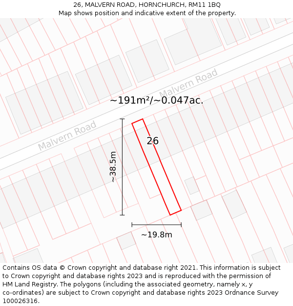 26, MALVERN ROAD, HORNCHURCH, RM11 1BQ: Plot and title map