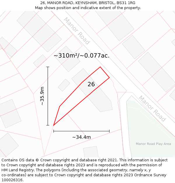 26, MANOR ROAD, KEYNSHAM, BRISTOL, BS31 1RG: Plot and title map