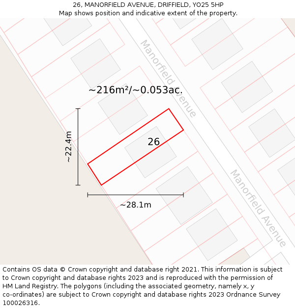 26, MANORFIELD AVENUE, DRIFFIELD, YO25 5HP: Plot and title map