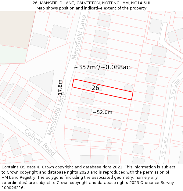 26, MANSFIELD LANE, CALVERTON, NOTTINGHAM, NG14 6HL: Plot and title map