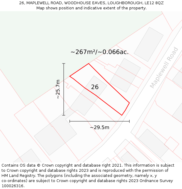 26, MAPLEWELL ROAD, WOODHOUSE EAVES, LOUGHBOROUGH, LE12 8QZ: Plot and title map