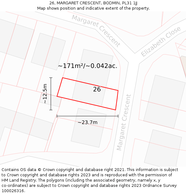 26, MARGARET CRESCENT, BODMIN, PL31 1JJ: Plot and title map