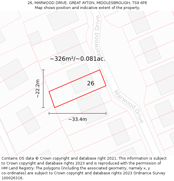 26, MARWOOD DRIVE, GREAT AYTON, MIDDLESBROUGH, TS9 6PE: Plot and title map