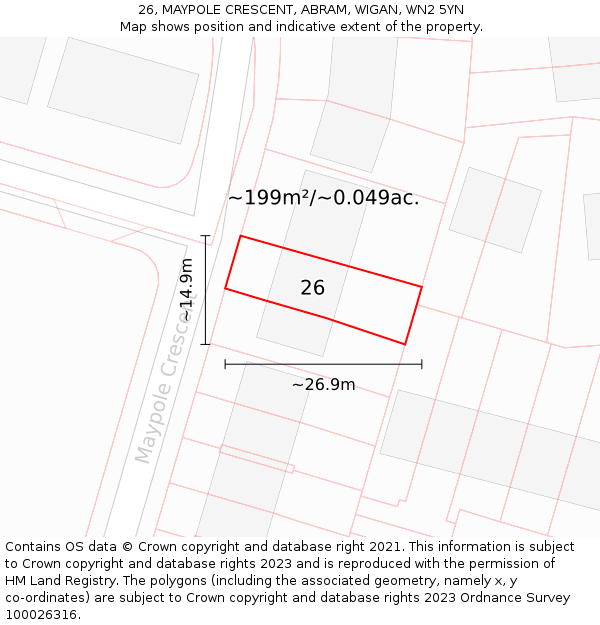 26, MAYPOLE CRESCENT, ABRAM, WIGAN, WN2 5YN: Plot and title map