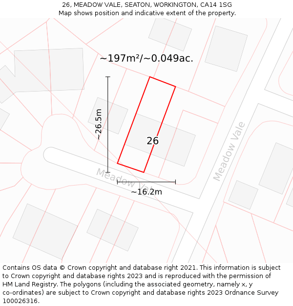 26, MEADOW VALE, SEATON, WORKINGTON, CA14 1SG: Plot and title map