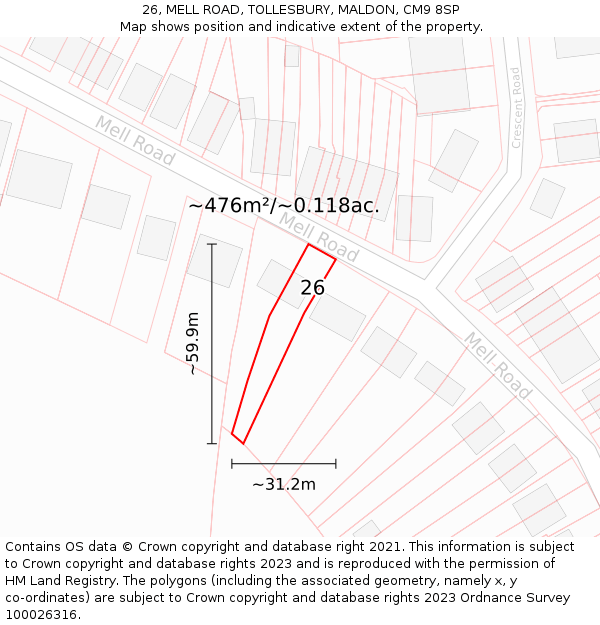 26, MELL ROAD, TOLLESBURY, MALDON, CM9 8SP: Plot and title map