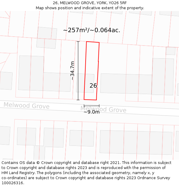 26, MELWOOD GROVE, YORK, YO26 5RF: Plot and title map