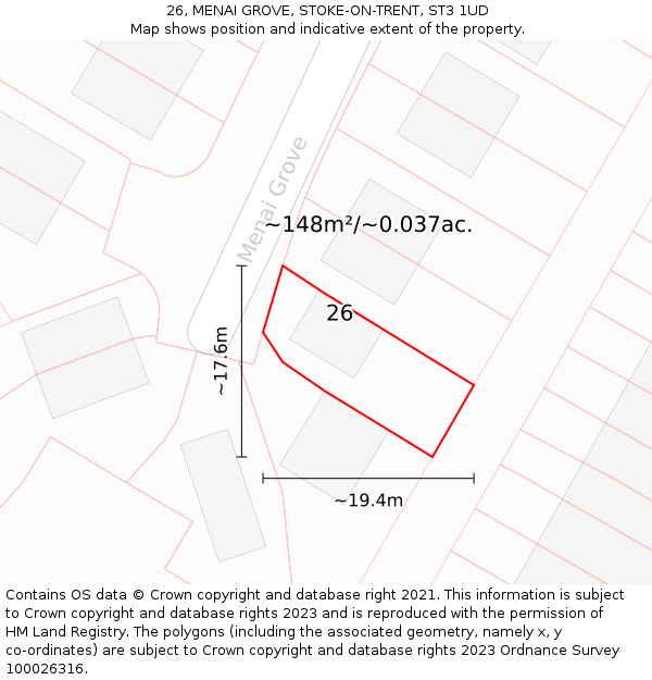 26, MENAI GROVE, STOKE-ON-TRENT, ST3 1UD: Plot and title map