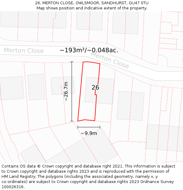 26, MERTON CLOSE, OWLSMOOR, SANDHURST, GU47 0TU: Plot and title map