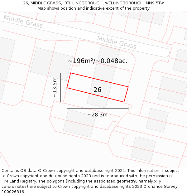 26, MIDDLE GRASS, IRTHLINGBOROUGH, WELLINGBOROUGH, NN9 5TW: Plot and title map