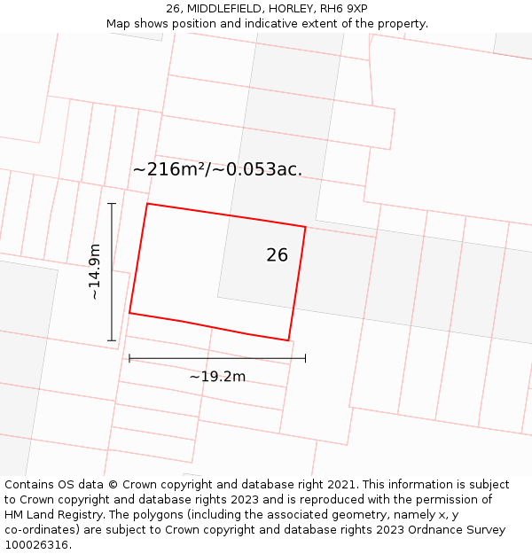 26, MIDDLEFIELD, HORLEY, RH6 9XP: Plot and title map