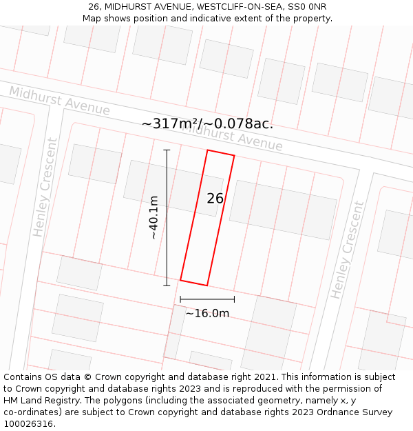 26, MIDHURST AVENUE, WESTCLIFF-ON-SEA, SS0 0NR: Plot and title map