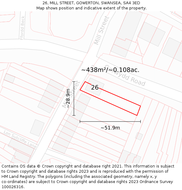 26, MILL STREET, GOWERTON, SWANSEA, SA4 3ED: Plot and title map