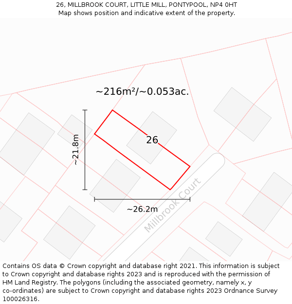 26, MILLBROOK COURT, LITTLE MILL, PONTYPOOL, NP4 0HT: Plot and title map