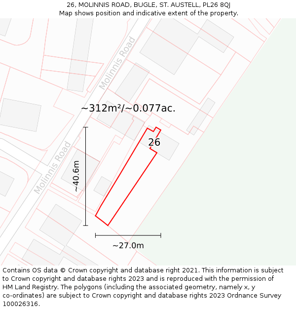 26, MOLINNIS ROAD, BUGLE, ST. AUSTELL, PL26 8QJ: Plot and title map