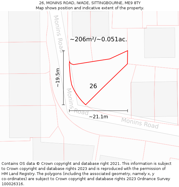 26, MONINS ROAD, IWADE, SITTINGBOURNE, ME9 8TY: Plot and title map