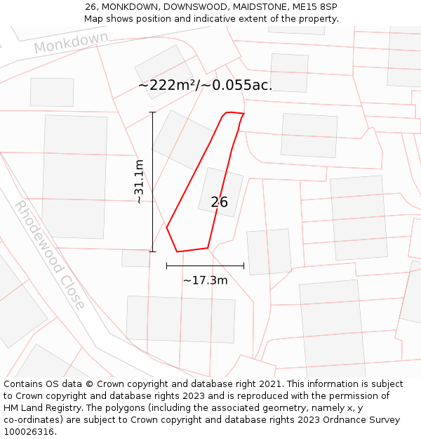 26, MONKDOWN, DOWNSWOOD, MAIDSTONE, ME15 8SP: Plot and title map