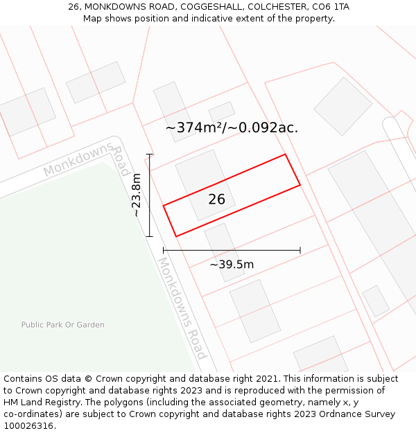 26, MONKDOWNS ROAD, COGGESHALL, COLCHESTER, CO6 1TA: Plot and title map