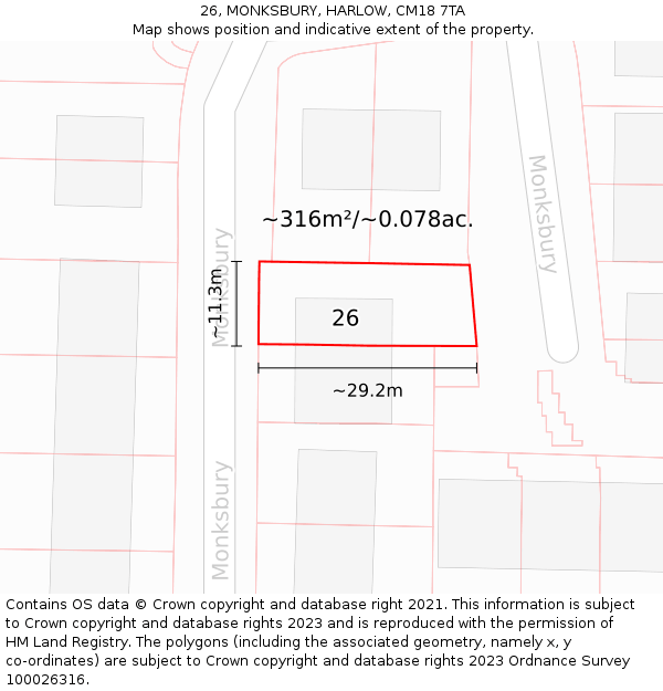 26, MONKSBURY, HARLOW, CM18 7TA: Plot and title map