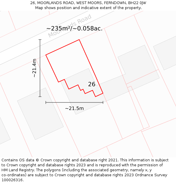 26, MOORLANDS ROAD, WEST MOORS, FERNDOWN, BH22 0JW: Plot and title map