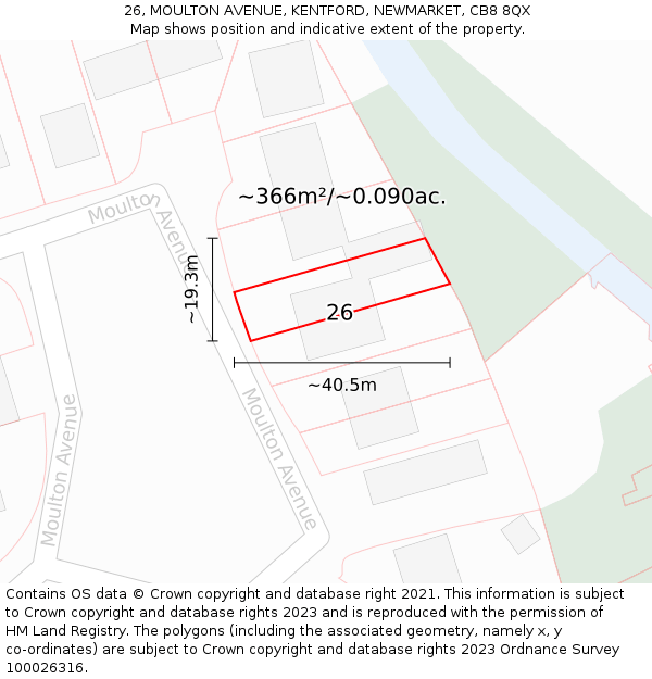 26, MOULTON AVENUE, KENTFORD, NEWMARKET, CB8 8QX: Plot and title map