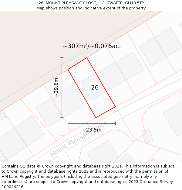 26, MOUNT PLEASANT CLOSE, LIGHTWATER, GU18 5TP: Plot and title map