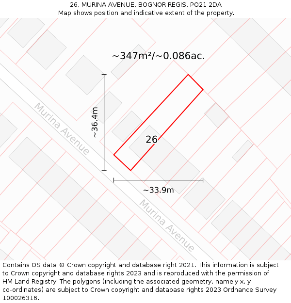 26, MURINA AVENUE, BOGNOR REGIS, PO21 2DA: Plot and title map