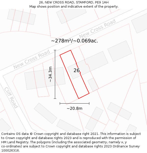 26, NEW CROSS ROAD, STAMFORD, PE9 1AH: Plot and title map