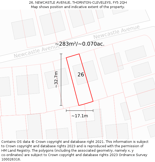 26, NEWCASTLE AVENUE, THORNTON-CLEVELEYS, FY5 2QH: Plot and title map