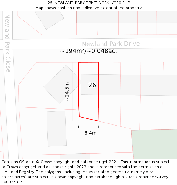 26, NEWLAND PARK DRIVE, YORK, YO10 3HP: Plot and title map