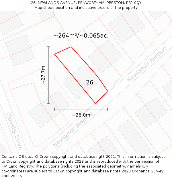 26, NEWLANDS AVENUE, PENWORTHAM, PRESTON, PR1 0QY: Plot and title map