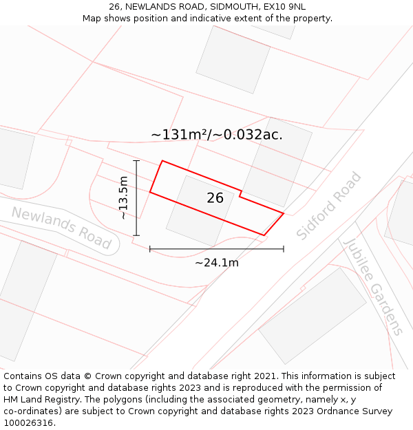 26, NEWLANDS ROAD, SIDMOUTH, EX10 9NL: Plot and title map