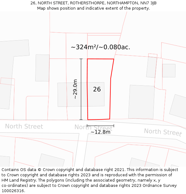 26, NORTH STREET, ROTHERSTHORPE, NORTHAMPTON, NN7 3JB: Plot and title map