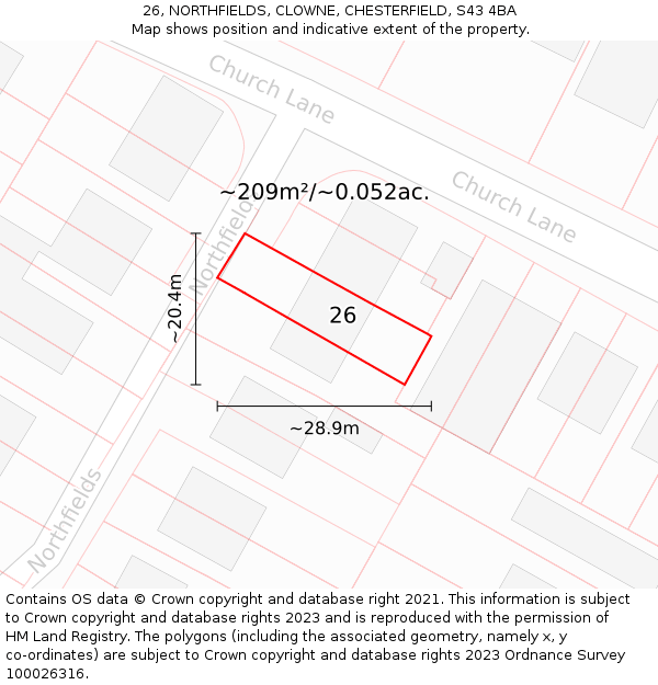 26, NORTHFIELDS, CLOWNE, CHESTERFIELD, S43 4BA: Plot and title map