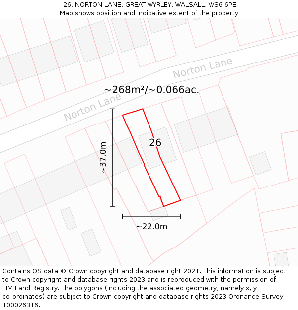 26, NORTON LANE, GREAT WYRLEY, WALSALL, WS6 6PE: Plot and title map