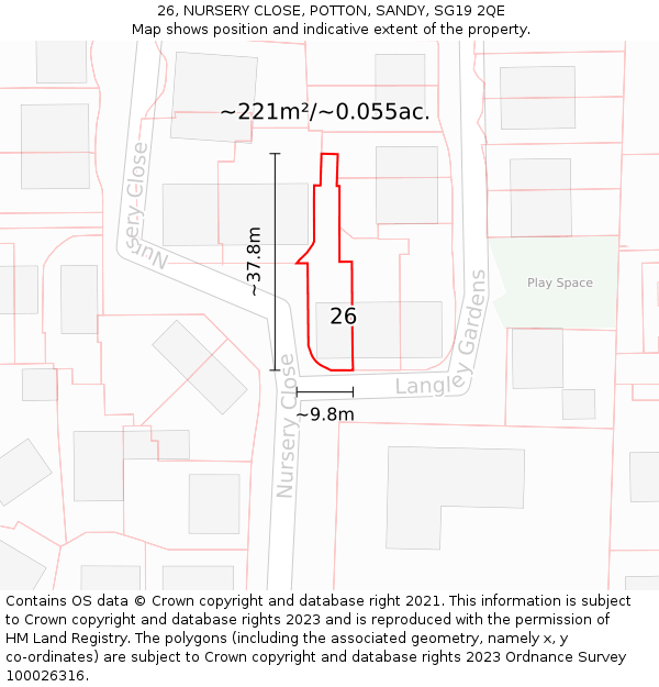 26, NURSERY CLOSE, POTTON, SANDY, SG19 2QE: Plot and title map