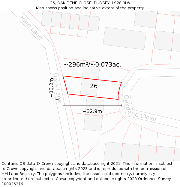 26, OAK DENE CLOSE, PUDSEY, LS28 9LW: Plot and title map