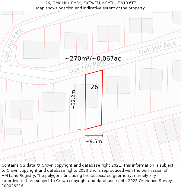 26, OAK HILL PARK, SKEWEN, NEATH, SA10 6TB: Plot and title map
