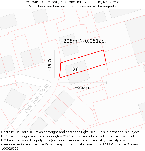 26, OAK TREE CLOSE, DESBOROUGH, KETTERING, NN14 2NG: Plot and title map