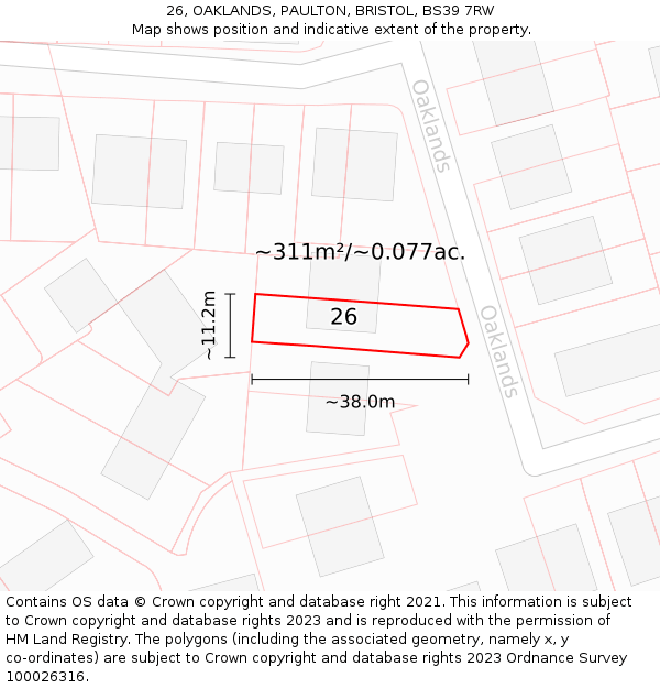 26, OAKLANDS, PAULTON, BRISTOL, BS39 7RW: Plot and title map