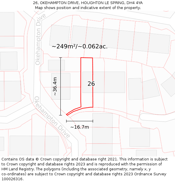 26, OKEHAMPTON DRIVE, HOUGHTON LE SPRING, DH4 4YA: Plot and title map