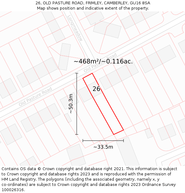 26, OLD PASTURE ROAD, FRIMLEY, CAMBERLEY, GU16 8SA: Plot and title map